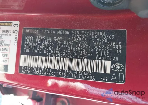 2007 Toyota Corolla Le из США, поврежденный, VIN 2T1BR32E67C744422